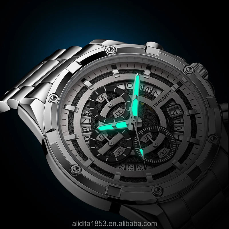 TIMEARTX Chronograph Watch Stainless Steel Waterproof Quartz